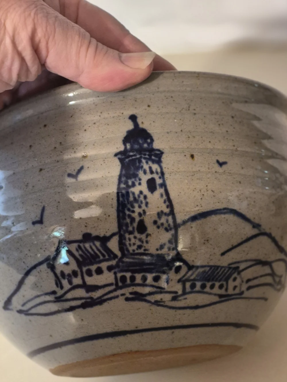Great Bay Pottery Handcrafted Gray Stoneware Mixing Bowl Blue Lighthouse Design